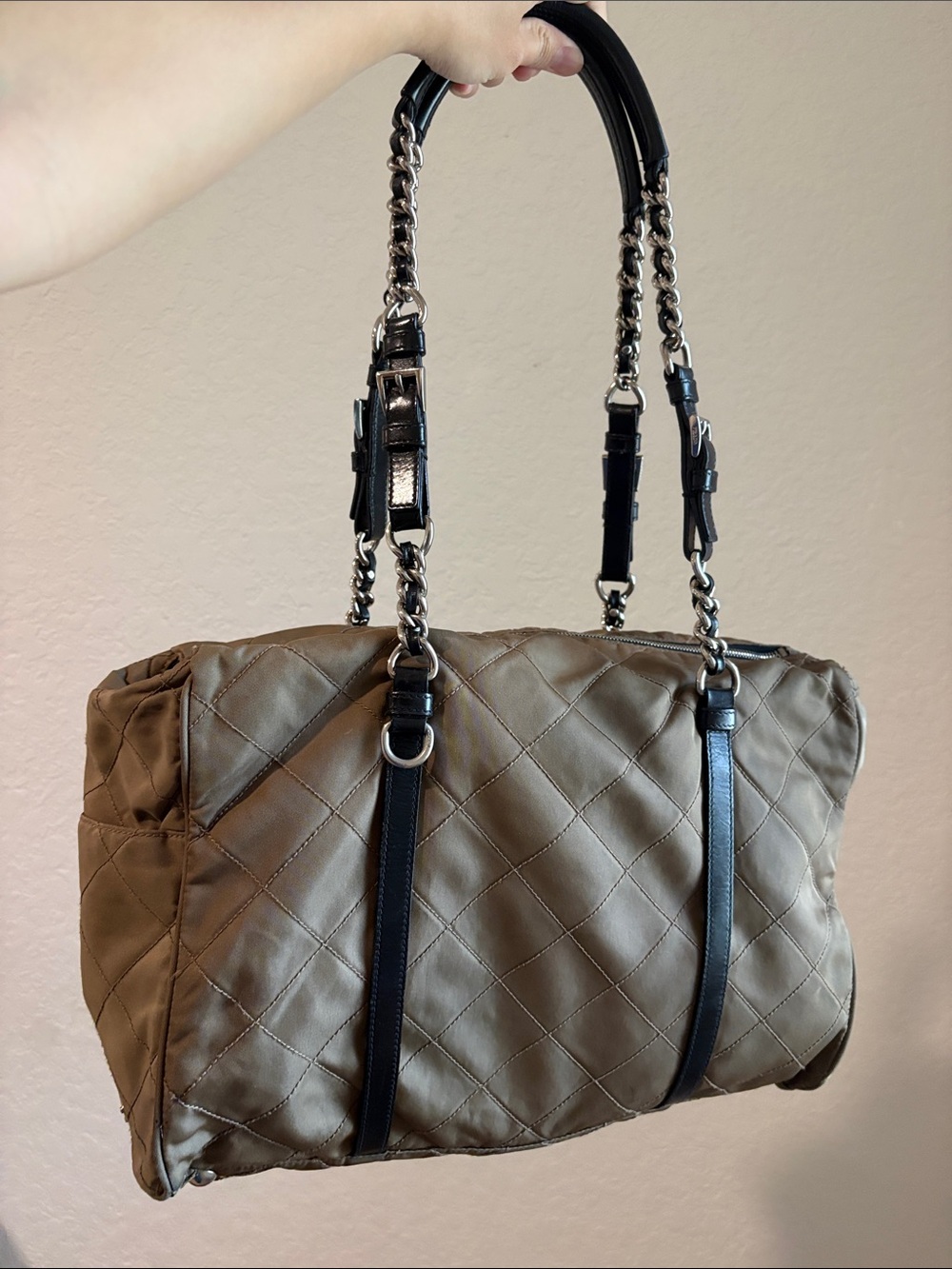 Prada Army Green Nylon Shoulder Tote Bag with Chain Leather Handles
